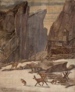 Gamsen Bei Einer Schutzhutte Imhochgebirge by Hubert Von Zwickle