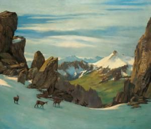 Gemsen In The High Mountains by Hubert Von Zwickle