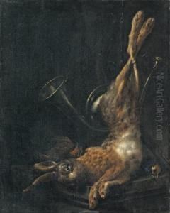 Trophee De Chasse Au Lievre Et Aux Oiseauxdes Champs, Avec Un Cor De Chasse, Sur Un Muret De Pierre by Elias Vonck