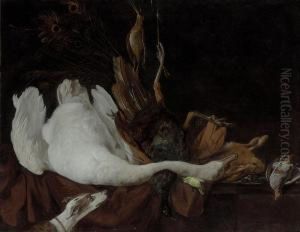 A Swan, A Peacock, A Hare, A Canary And Other Fowl On A Partly-draped Ledge