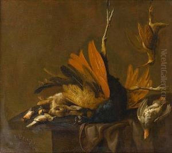 A Peacock, Hare, Partridge, Woodcock Andsongbirds On A Draped Table - view 1