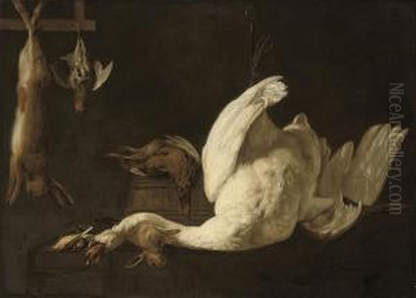 A Still Life Of A Swan Suspended From A Hook, A Hare, A Greypartridge, A Pheasant On A Barrel And A Rabbit And Song Birds On Astone Ledge - view 1