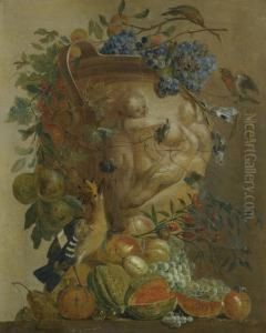 A Still Life Of Melons, Grapes, Peaches And Other Fruits In A Stone Urn With Birds by Jacobus Vonck