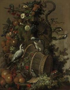 Two Loggerhead Shrikes On A Reed Cage, Apples, Peaches, Grapes,pears, Red Berries And Cherries Together With Flowers Hanging Froma Vase, A Butterfly And Great Tits, All On A Marble Ledge