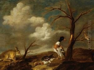 Two Ducks, A Rabbit And A Bird In A Landscape by Jacobus Vonck