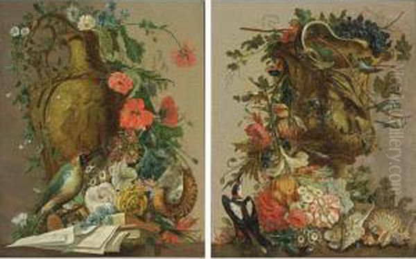 A Still Life With Roses, Poppy Anemones, Morning Glory, Hyacinths, Auricula And Other Flowers In A Sculpted Stone Vase, Together With A Green Woodpecker Perched On An Hourglass, A Nautilus Shell, Bubbles, Books And Papers - view 1