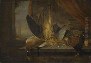 A Still Life Of Game With A Mallard Drake, A Bittern And A Cock Pheasant On A Stone Ledge, A Coastal View Beyond by Jacobes Vonck