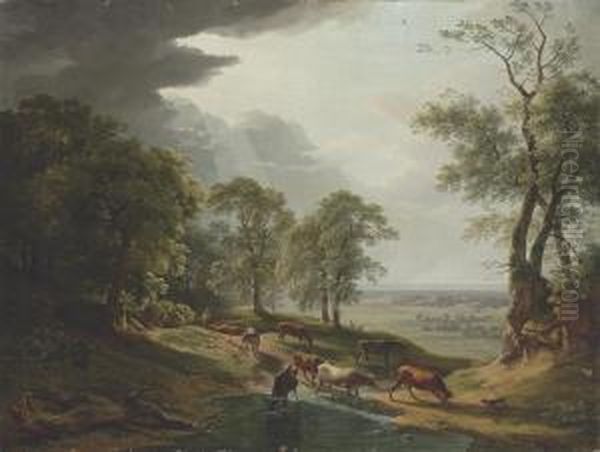 An Extensive Wooded, River Landscape, With Cattle Watering In Theforeground - view 1