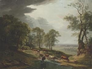 An Extensive Wooded, River Landscape, With Cattle Watering In Theforeground by Hendrik Voogd