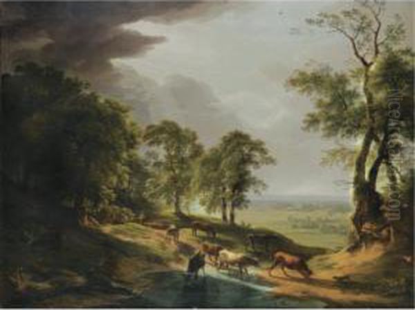 A Herd Of Cows Drinking From A Stream, An Extensive Landscape In The Valley Beyond - view 1