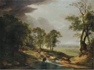 A Herd Of Cows Drinking From A Stream, An Extensive Landscape In The Valley Beyond by Hendrik Voogd