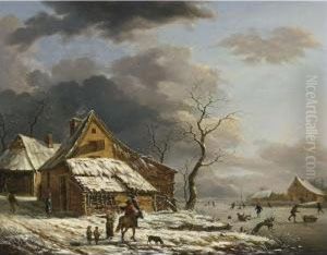 A Winterlandscape With Figures By A Farm