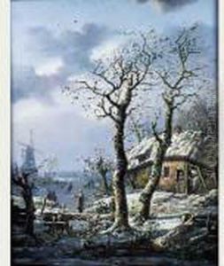 Paysage D'hiver Avec Chaumiere Et Patineurs by Henri Voordecker