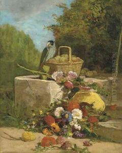 Perroquet, fruits et fleurs dans un jardin by Eugene Boudin