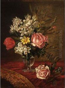 A Flower Still Life In A Glass On A Draped Table