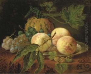 Peaches, Grapes And A Pumpkin On A Table