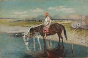 Jeune Fille Russe A Cheval Au Bord De L'eau by Sergei Semenovich Voroshilov