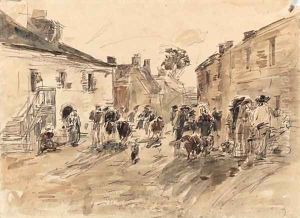 Village breton - Foire by Eugene Boudin