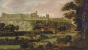 A View Of Windsor Castle With Boats On The River Thames by Johannes Vorstermans