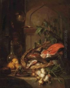 Fish In A Wicker Basket, Spring Onions, Lemons, A Bread, Cherries On A Plate And A Glass Vase, All On A Stone Ledge by Maria Vos