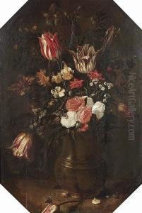 Tulips, Roses, Narcissi, Forget-me-nots And Other Flowers In A Bronze Vase On A Table Top With A Red Admiral Butterfly And A Bumblebee by Jacob Woutersz Vosmaer
