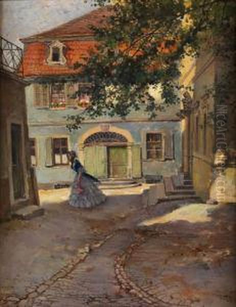 Sonnenbeschienener, Biedermeierlichergebaudehof Mit Junger Dame In Langem Kleid - view 1