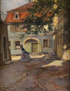 Sonnenbeschienener, Biedermeierlichergebaudehof Mit Junger Dame In Langem Kleid