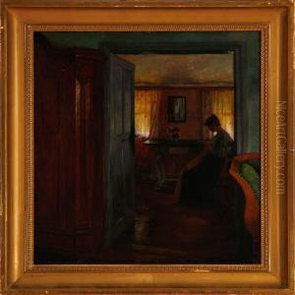 An Interior With A Woman Sewing By The Window - view 1