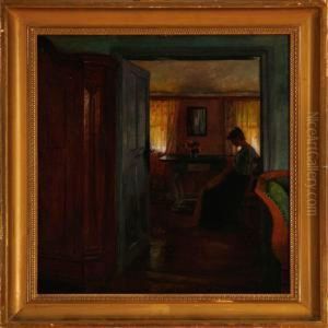 An Interior With A Woman Sewing By The Window by Karl Leopold Voss
