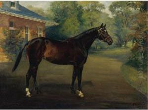 A Bay Horse Outside A Home by Frank Brook Voss