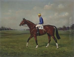 A Bay Racehorse With Jockey Up by Frank Brook Voss