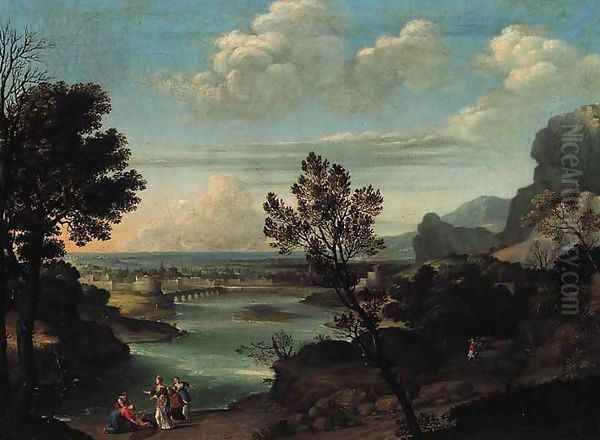 An extensive river landscape with the Finding of Moses - view 1