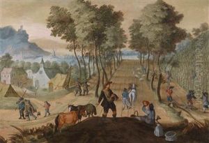 Tree-filled Landscape Near A Village With Peasants At Work In The Fields by Sebastien Vrancx