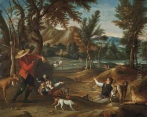 A Wooded River Landscape With A Hunting Party by Sebastien Vrancx