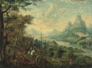 A Wooded River Landscape With Figures On Horseback And Peasantsgathering Wood, A Castle Beyond A Wooded River Landscape With Figures On Horseback And Peasantsgathering Wood, A Castle Beyond