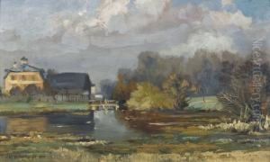Herbstliche Landschaft Mit Teich Und Weiler by Cornelis Vreedenburgh