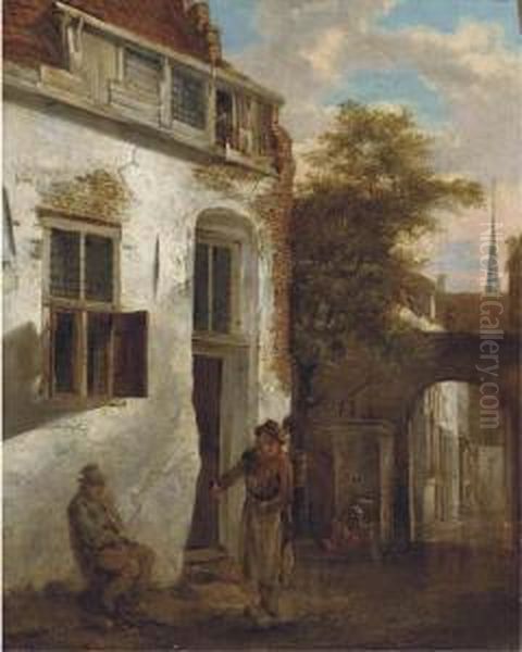 A Courtyard Scene With Peasants - view 1