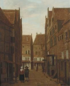 A City View With Figures Conversing In The Street by Jacobus Vrel