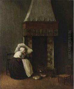 An Interior With A Woman Sleeping Near A Fireplace Together With A Cat And A Dog by Jacobus Vrel