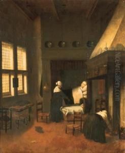 A Bedroom With A Woman In Bed, Her Child In A Cot And Nurses