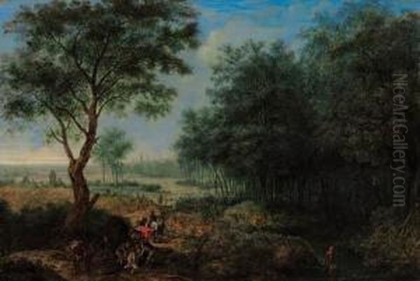 A Wooded River Landscape With Travellers Unloading A Fallenpackhorse On A Track, A Town Beyond; And A Mountain River Landscapewith Wagons And Travellers On A Track, Men Bathing Nearby - view 1