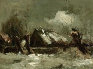 A Winter Landscape With Willows And A Farm by Arnold Vrijthoff