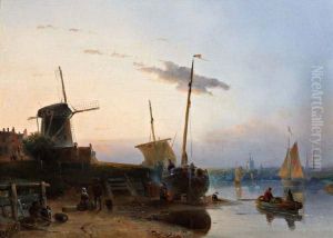 Figuren En Boten Bij Een Molen Aan De Waterkant by Jacobus Adrianus Vrolijk