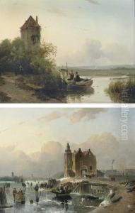 On The Ice On The Outskirts Of A Town; And Preparing The Nets On Asummer's Day by Jacobus Adrianus Vrolijk