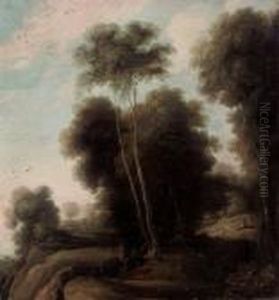 A Wooded Landscape With A Shepherd And His Flock On A Track by Cornelis Hendricksz. The Younger Vroom
