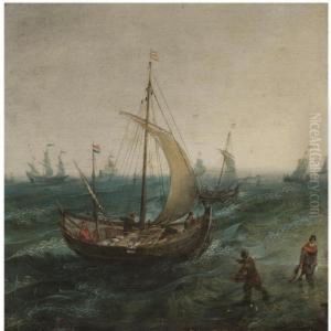 Fishermen And Their Boats In Stormy Seas by Cornelis Hendricksz. The Younger Vroom
