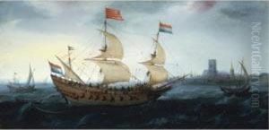 A Dutch Two-master In A Stiff Breeze Before A Dutch Coastal Town, Possibly Den Briel A Dutch Two-master In A Stiff Breeze Before A Dutch Coastal Town, Possibly Den Briel