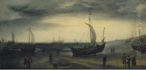 North Sea Beach With Fishing Pinks Coming Ashore And Larger Vessels Offshore by Cornelis Hendricksz. The Younger Vroom
