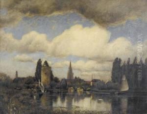 Flussuferpartie Mit Stadt. by Charles Francois Vuillermet