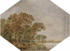 A Wooded River Landscape With A Shepherd Driving His Flock On Thebanks by Jan Harmensz. Vynck